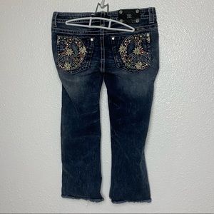 Miss Me cuff Capri Blue Jeans Pants Denim embroidered peace sign butt size 30